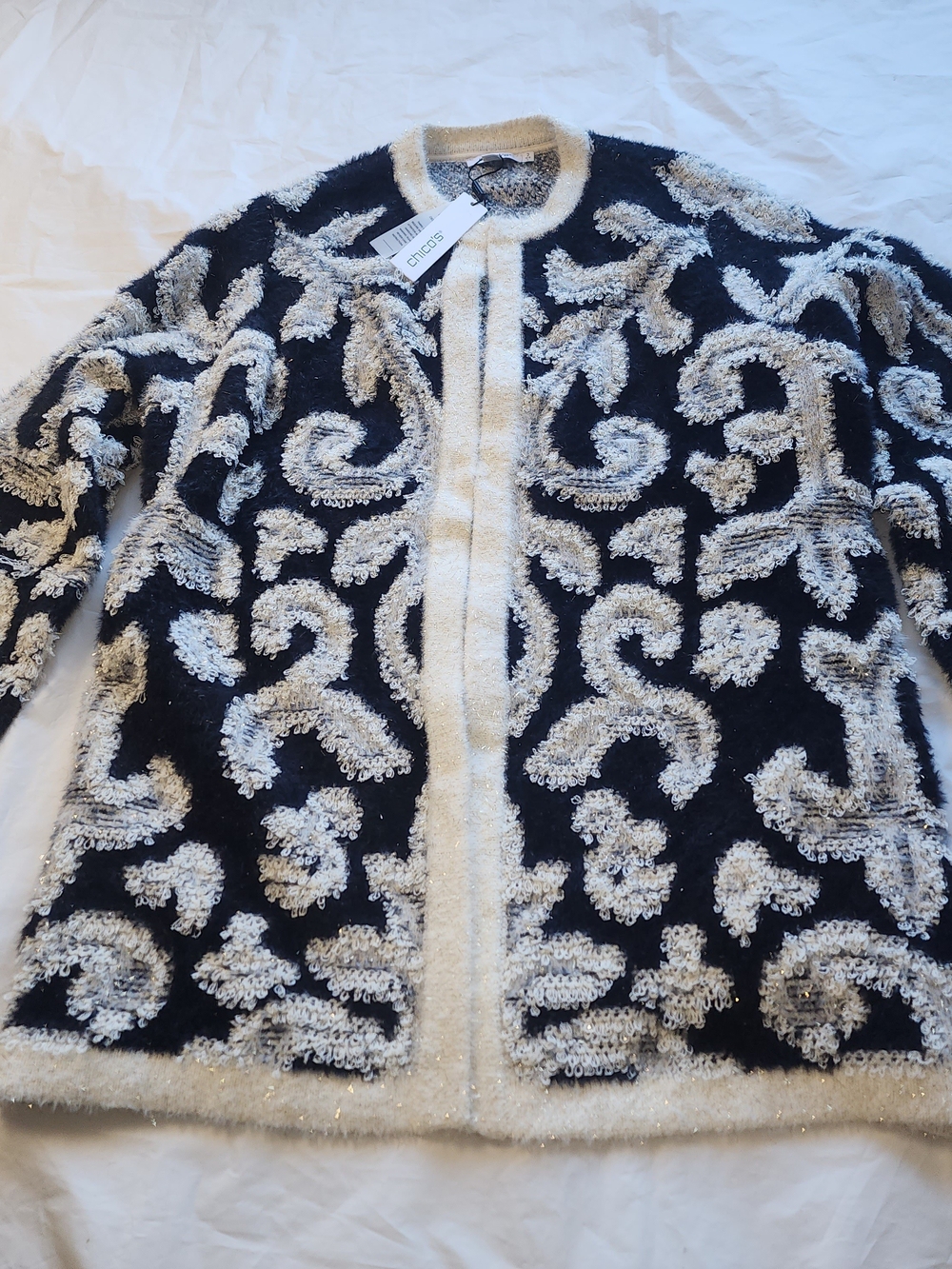 Chico's Black & Cream Fuzzy Jacquard Cardigan Sweater